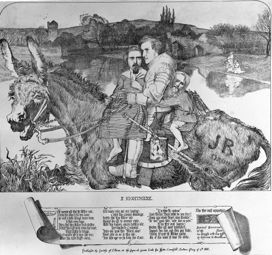Three men on a donkey in front of a river scene, with the text of a poem on a scroll below