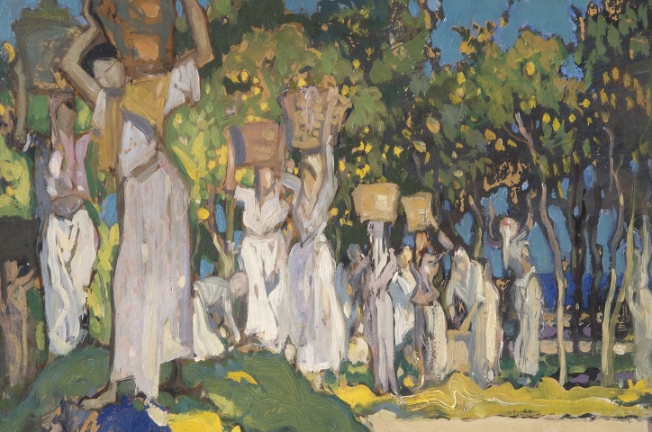 An painting of lemon pickers