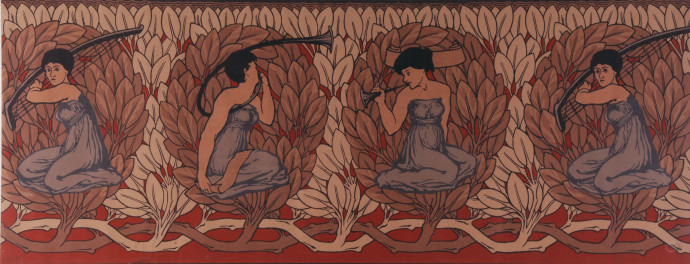 Twined circlets of brown bay leaves set against white leaves, each containing one of three Grecian-dressed girls playing an instrument