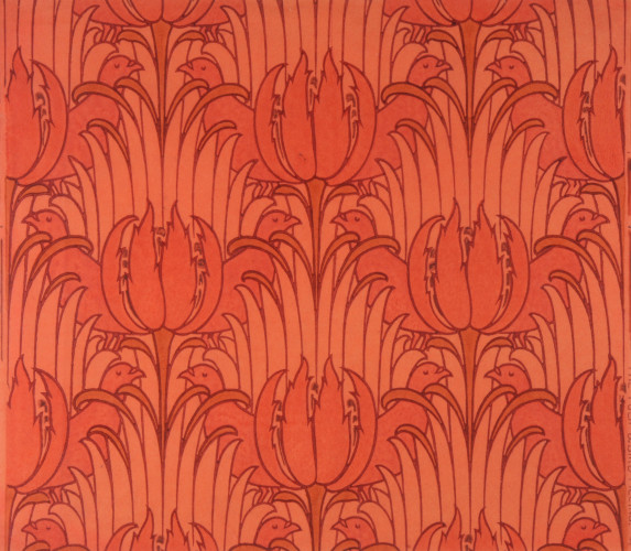 Pigeons among stylised tulips and sheaves of leaves in tones of red and orange