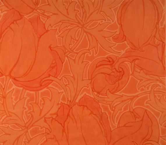 Leaves and large flowerheads in Art Nouveau style in shades of pink and orange-pink on lighter ground
