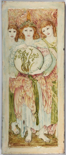 Low relief tile panel showing three angels, one holding a sphere with plants