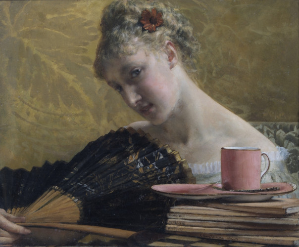 Oil painting of a young women with a fan