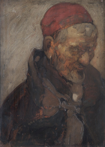 Head and shoulders of an old man wearing a red cap