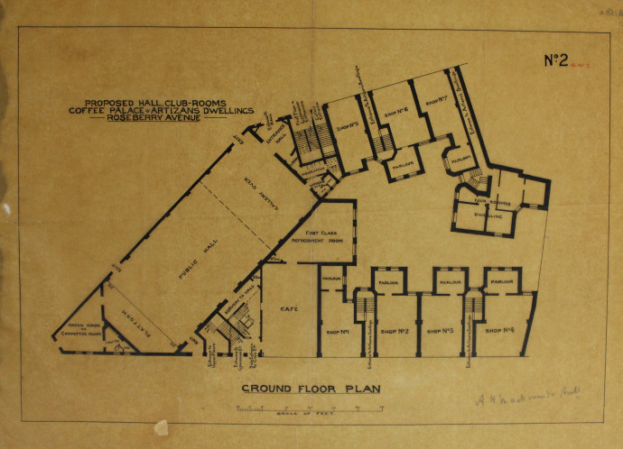 An architectural plan for a triangular hall building