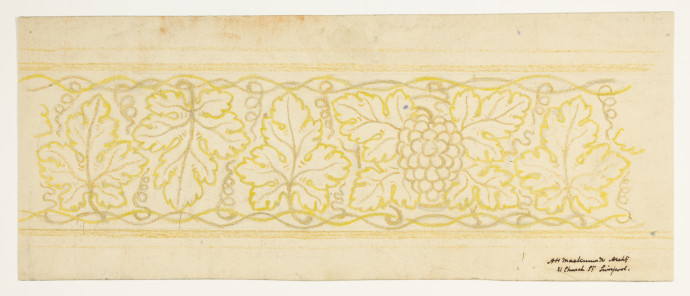 Design in yellow, brown and orange of a vine with leaves and grapes.