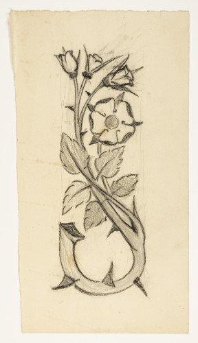 Design incorporating a twisted rose branch with thorns, leaves, buds and a single flower.