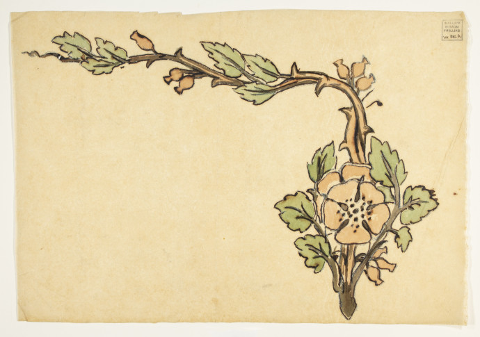 Branch design with leaves, pink roses and rosehips.