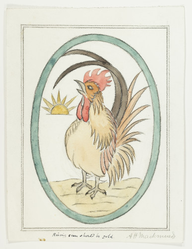 Standing cockerel with rising sun in oval border.