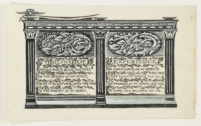 Design for a text, "A Song of Experience", surrounded by pillars and featuring bird and leaf motifs.