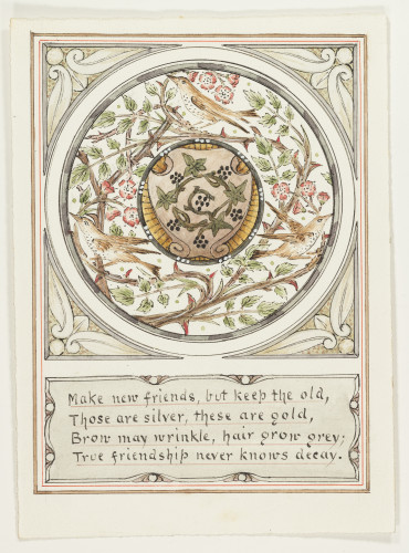 Circular illustration, three birds with thorn and flower foliage, centre shield with ivy and berry decoration. Decorative border. Text below.