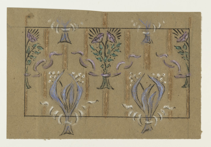 Floral design in rectangular border, on brown paper.