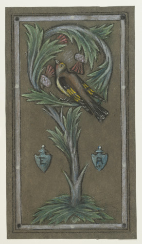 Floral design with a goldfinch in a rectangular border, on brown paper.