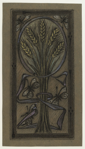 Chalk design on brown paper, with wheat and butterflies in a rectangular border.