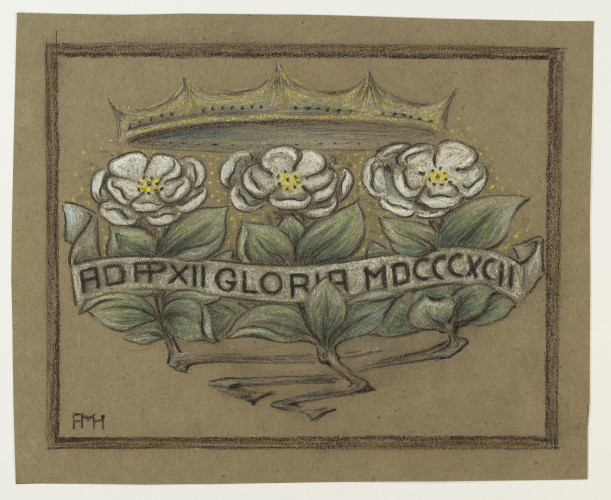 Design with a crown, three white roses and a latin inscription.