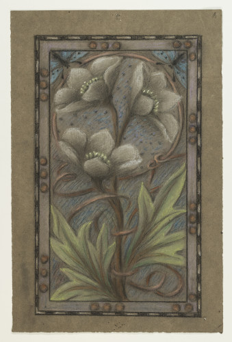 Floral design in rectangular border on brown paper.