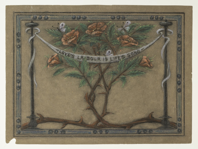 Wild rose design in rectangular border with inscription in a banner draped below.