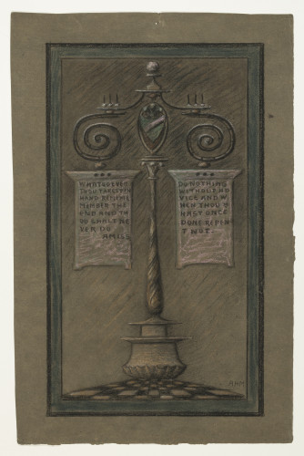 Design featuring a decorative post with texts hanging from either side.