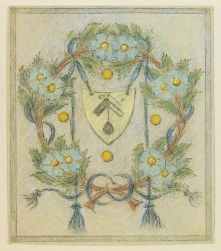 Wreath design with blue and yellow flowers with a central shield motif.