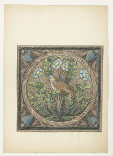 Circular design within a rectangular border, featuring a bird perched among blue flowers and leaves.