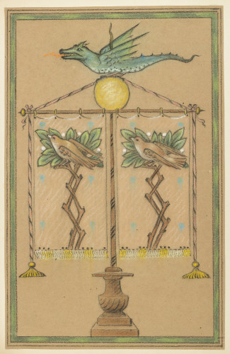 Rectangular design with a green dragon standing on top of an ornate post, supporting banners with a bird design.