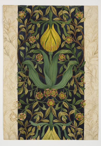 A symmetrical coloured pattern with sprays of leaves surrounding a large yellow tulip