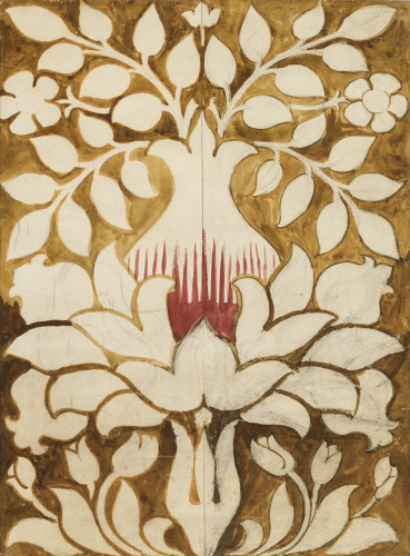 A symmetrical brown and white pattern composed of leaves and petals