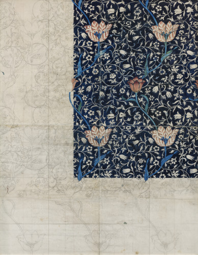 A floral pattern with tulip flowers coloured in blues in the top-right and left monochrome in the surrounding areas.