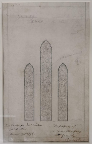 Pencil design for a three light stainted glass windows with saints and angels