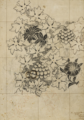 A monochrome pencil design of vines, flowers, curling tendrils and grapes