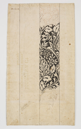 A floral pencil design divided into vertical sections with one section coloured in black watercolour