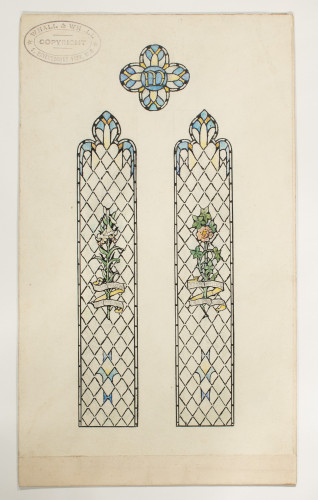 Design for a two-light window featuring flowers.