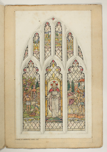 Design for a three-light window showing Christ in a vineyard.