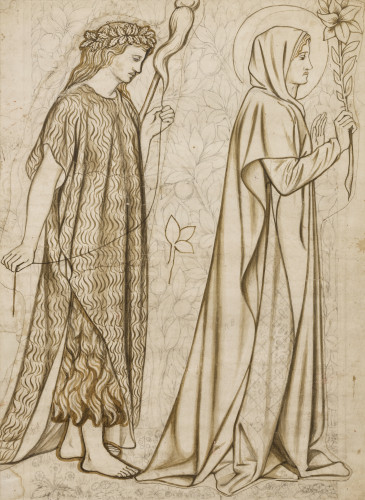 A large pencil drawing showing two women in procession