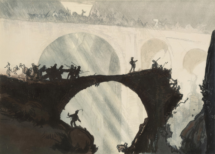Ruined bridge in foregound shaded in black, coloured bridge in background, both with soldiers crossing
