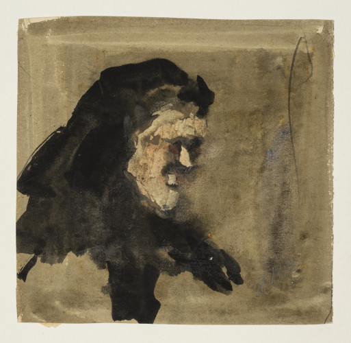 face encircled by black hair or scarf