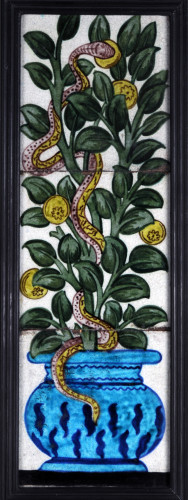 three tiles above each other showing snake climbing up potted plant