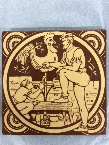 yellow and brown tile showing two men painting a cockerell