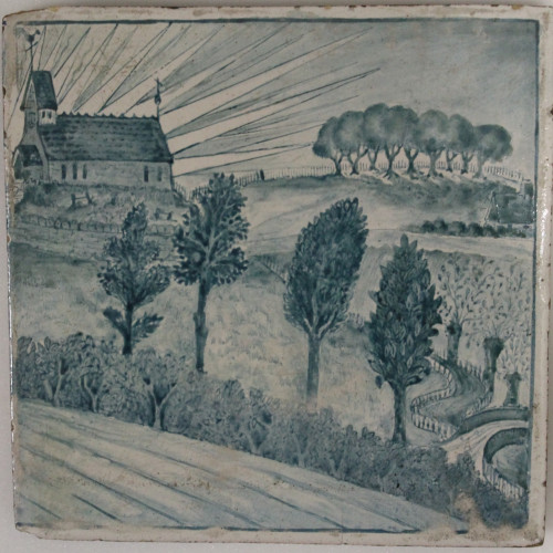 Blue and white tile depicting hills, buildings and animals