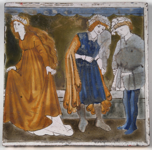 Tile showing Cinderella standing with two men in the background