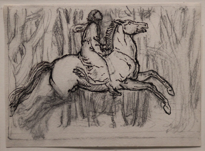 A rough pencil drawing of a man riding a horse