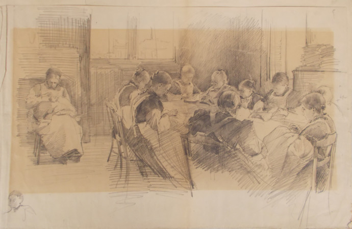 Pencil drawing of women seated around a table sewing
