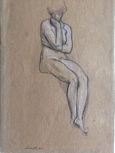 drawing of seated nude figure one hand supporting head