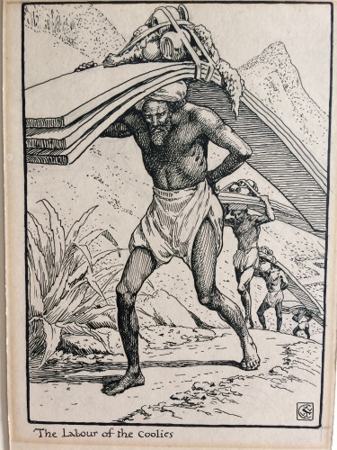 barefoot man carrying heavy load on his back, followed by others carrying similar goods