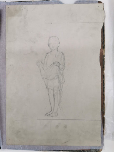 Pencil sketch of a child bearing a basket
