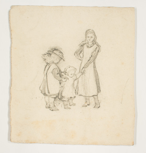 Sketch of two young girls with a baby