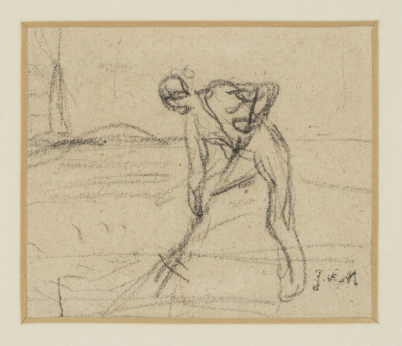 Rough sketch in pencil of a man digging, on a textured cream/off white paper