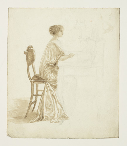 A drawing, half finished, of a woman seated at a dressing table, partially rendered in watercolour.