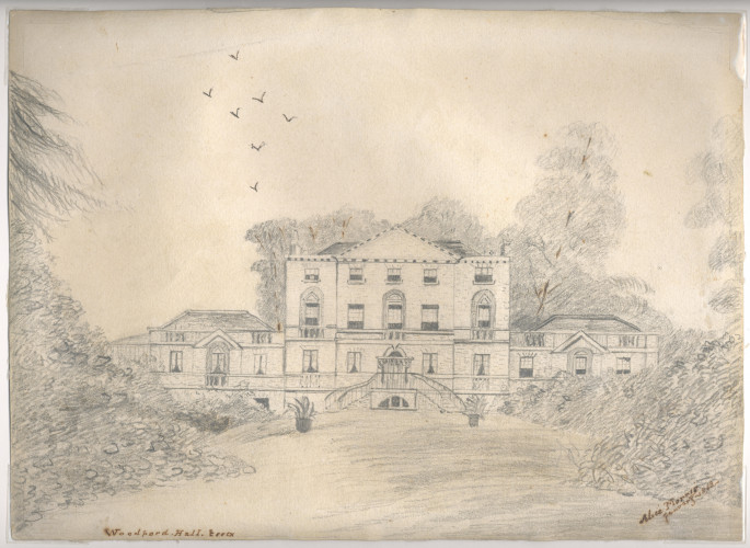 pencil drawing of a grand mansion seen from the gardens behind