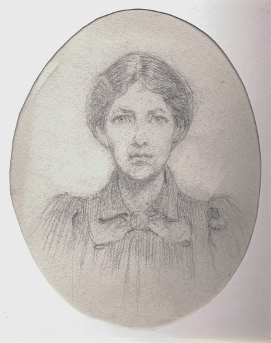 Light pencil sketch portrait of woman looking straight at viewer